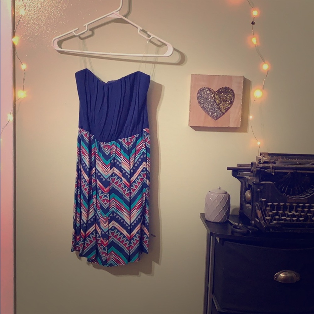Navy Blue patterned Strapless Mini Dress